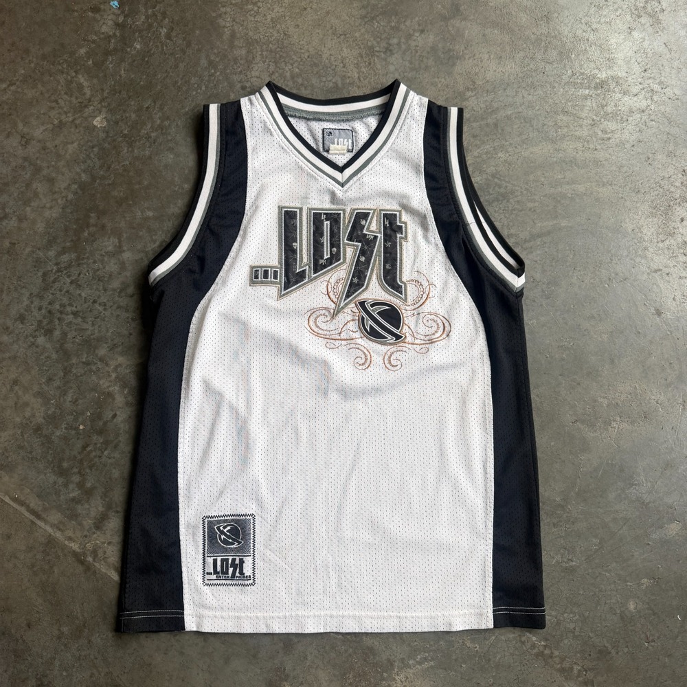 Vintage Lost Enterprises White Black Mesh Basketball Jersey Surf Skate Mens M